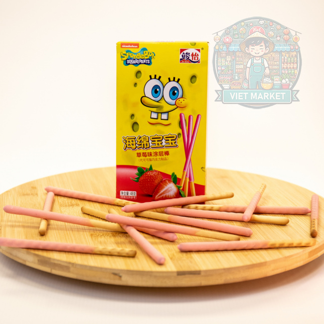 JUNYI SpongeBob Tyčinky máčané v bielej čokoláde s jahodovou príchuťou 48g