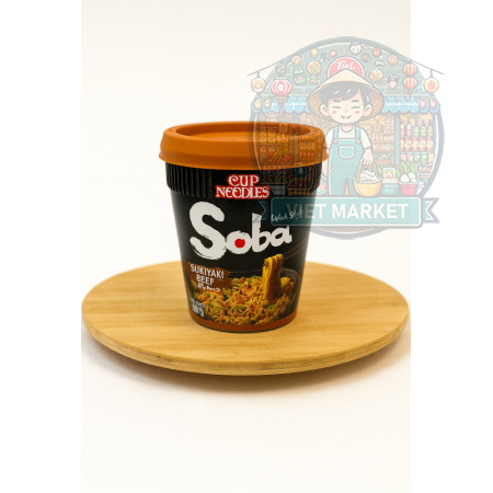 NISSIN SOBA Instantná zmes na prípravu polievky s príchuťou hovädzou so sukiyaki omáčkou v poháriku 89g