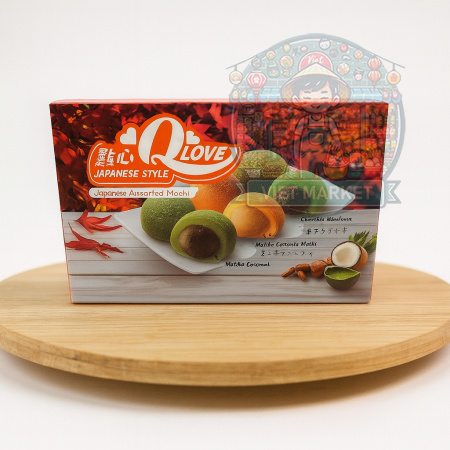 Q LOVE Mochi ryžové koláčiky s príchuťou matcha, arašidy a kokos-pandán 180g