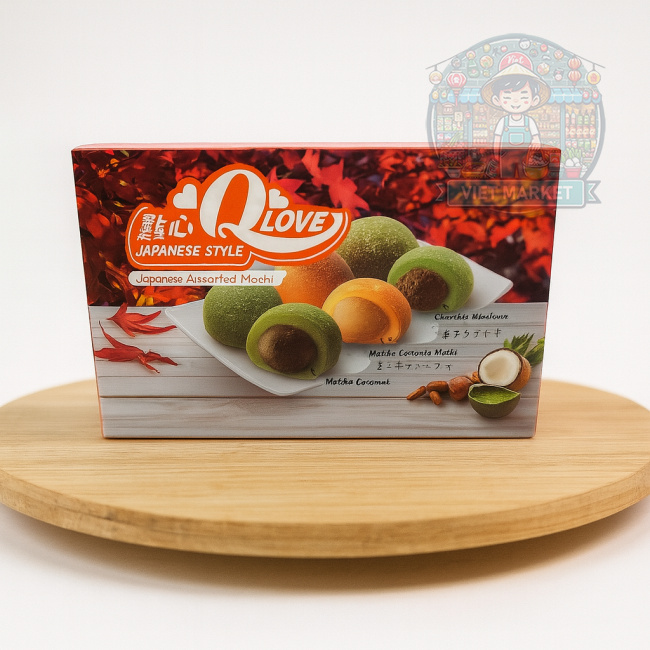 Q LOVE Mochi ryžové koláčiky s príchuťou matcha, arašidy a kokos-pandán 180g