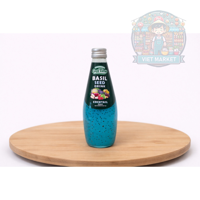 COOL TIME Nealkoholický nesýtený nápoj s bazalkovými semienkami s príchuťou ovocný koktejl 290ml 