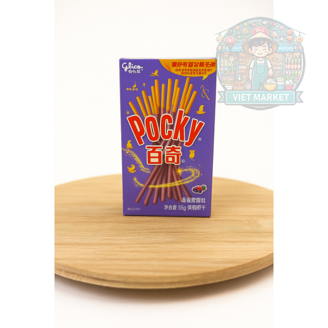 GLICO Pocky sušienkové tyčinky máčané v čokoláde s malinovo-čučoriedkovou príchuťou 55g