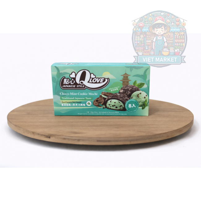 Q LOVE Mochi ryžové koláčiky s príchuťou čokoládovo-pepermintovou a kúskami sušienok 80g