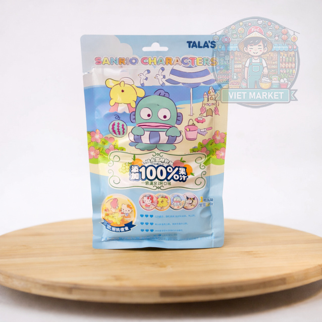 TALA´S SANRIO Gumené cukríky s príchuťou hrozno, biela broskyňa a pomaranč s odznakom 52g