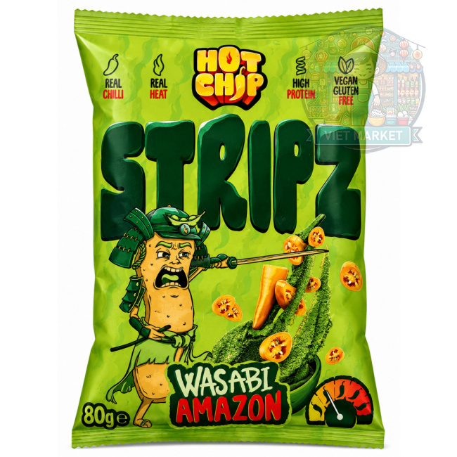 HOT CHIP Vegánsky, bezlepkový  hráškový chrumkavý snack s pikantnou wasabi príchuťou 80g
