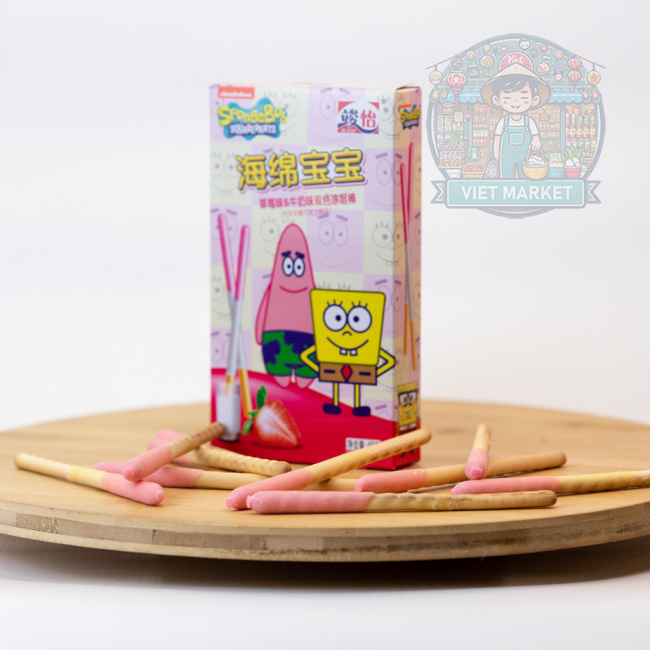 JUNYI SpongeBob Tyčinky máčané v čokoláde s príchuťou mlieka a jahody 48g