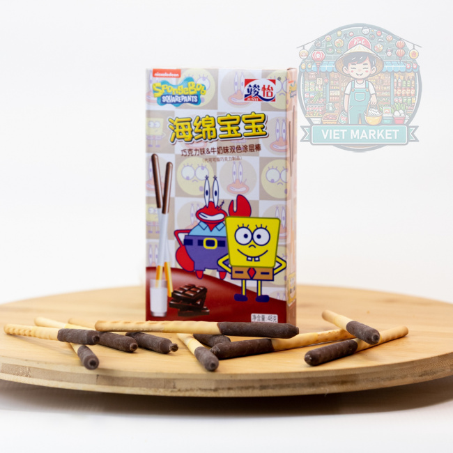 JUNYI SpongeBob Tyčinky máčané v čokoláde s príchuťou mlieka a čokolády 48g
